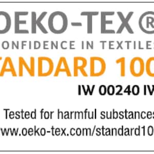 May include: A gray and white Oeko-Tex Standard 100 certification label with the text "CONFIDENCE IN TEXTILES" and "IW 00240 IW". The label also includes a gray and yellow logo with a globe inside a circle.