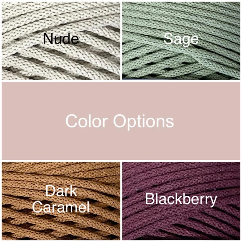 May include: Close-up of four different colored macrame cords: Nude, Sage, Dark Caramel, and Blackberry. The words "Color Options" are in the center of the image.