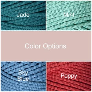May include: Close-up of four color options of a thick, woven cord: Jade, Mint, Sky Blue, and Poppy. The text "Color Options" is in the center of the image.