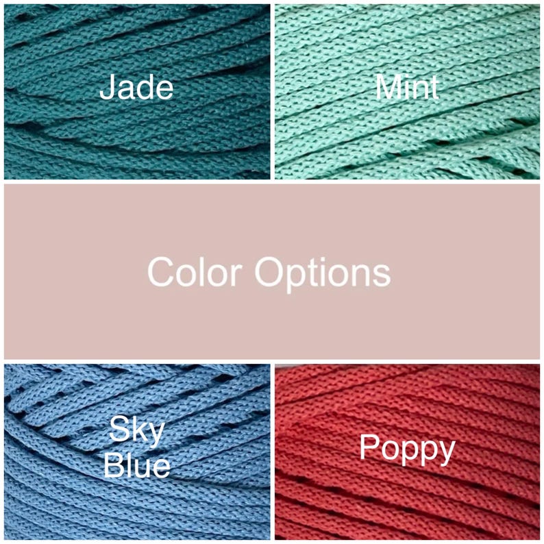 May include: Close-up of four color options of a thick, woven cord: Jade, Mint, Sky Blue, and Poppy. The text "Color Options" is in the center of the image.