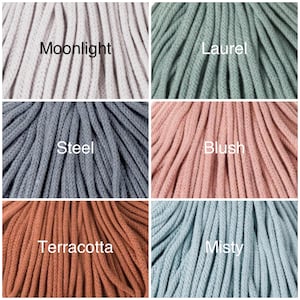 May include: A collage of six different colors of cotton rope, including Moonlight, Laurel, Steel, Blush, Terracotta, and Misty.