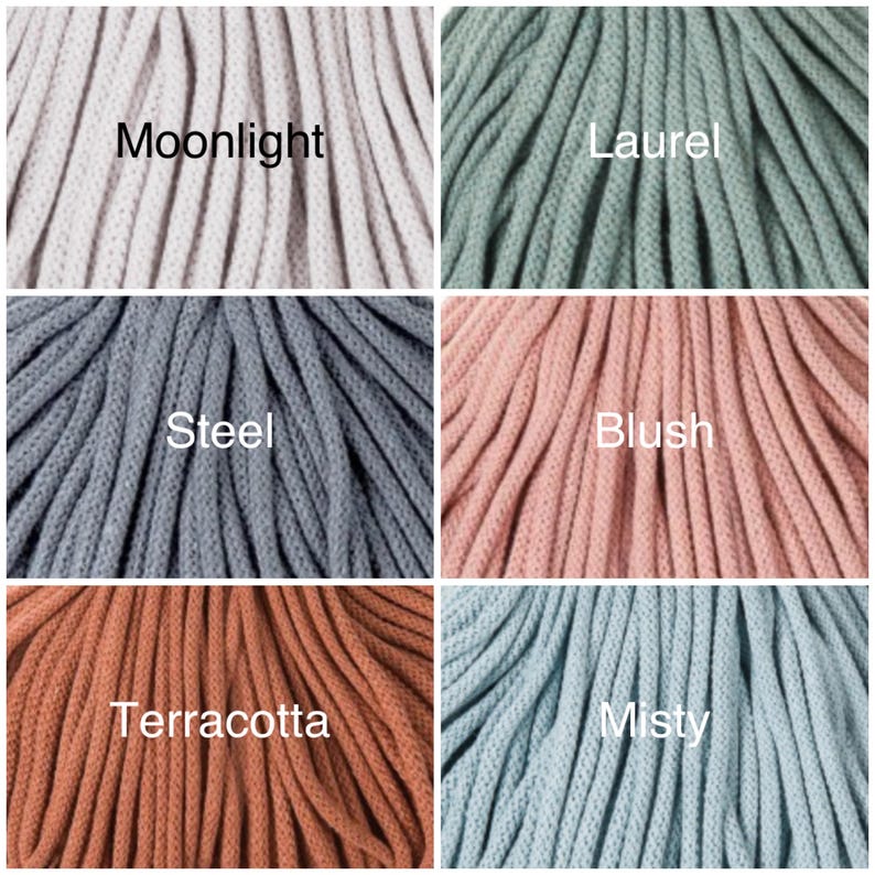 May include: A collage of six different colors of cotton rope, including Moonlight, Laurel, Steel, Blush, Terracotta, and Misty.