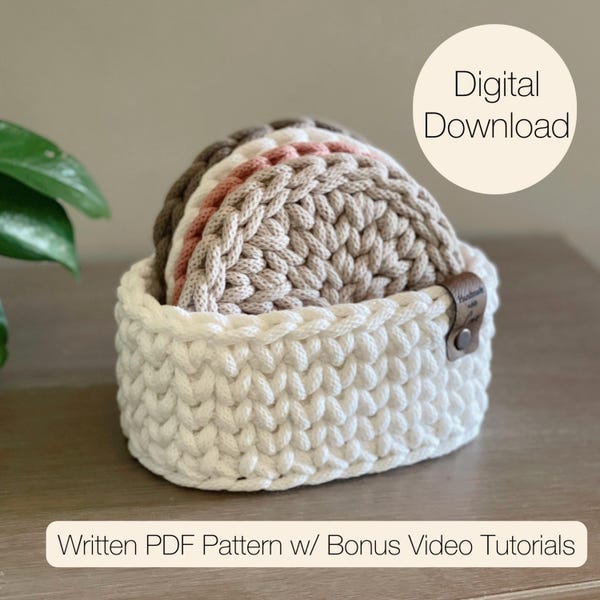 Crochet Basket & Coaster Pattern (PDF) | Instant Download | Basket Wooden Base Coaster Set