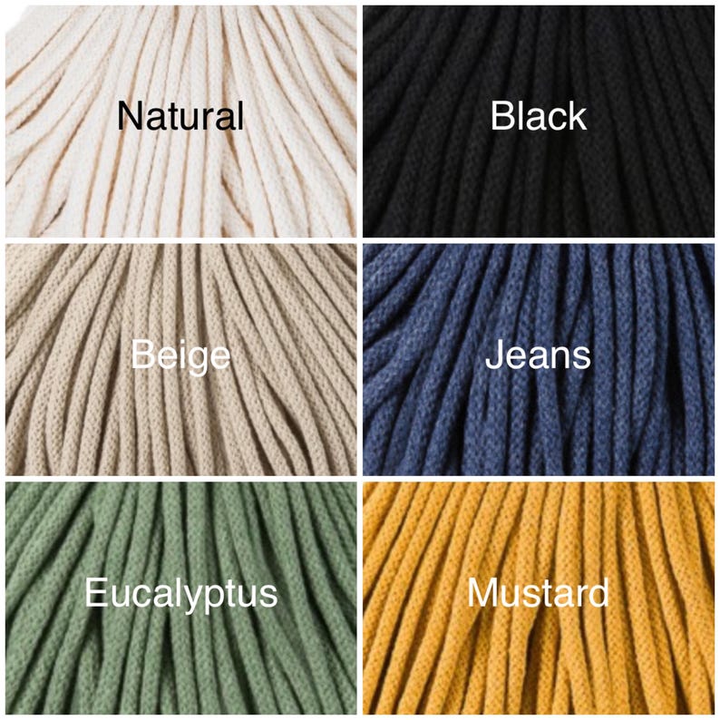 May include: Six spools of cotton cord in different colors: natural, black, beige, jeans, eucalyptus, and mustard.