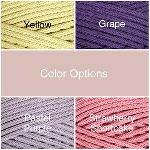 May include: Image showcasing four color options of a thick, woven material. The colors are yellow, grape, pastel purple, and strawberry shortcake. The text "Color Options" is displayed in the center of the image.