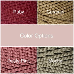 May include: Image showcasing four color options of a braided cord: Ruby, Caramel, Dusty Pink, and Mocha. The colors are displayed in close-up shots, with the name of each color labeled below. The text "Color Options" is centered in the middle of the image.