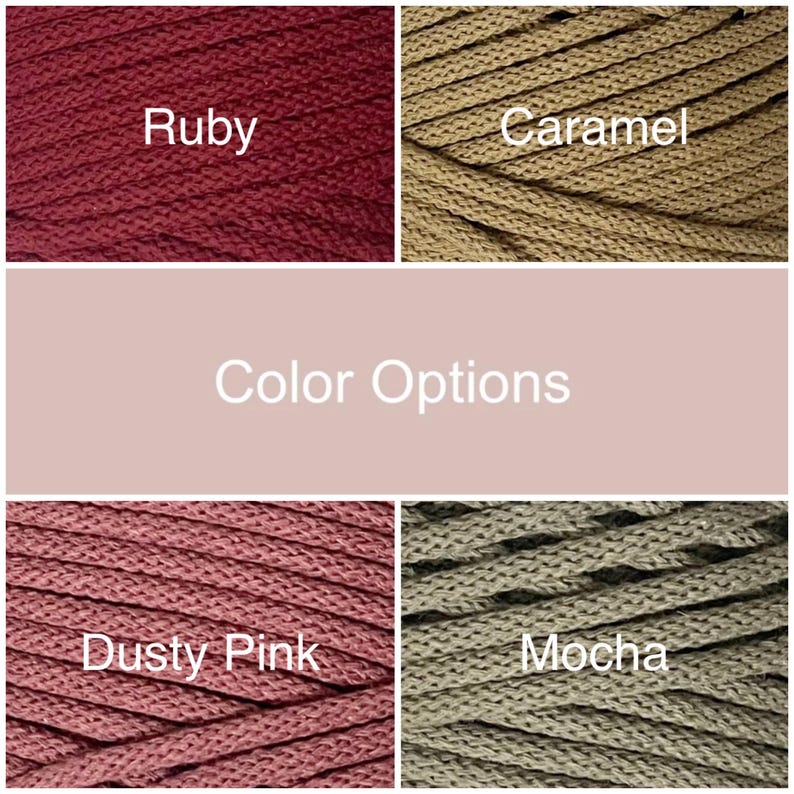 May include: Image showcasing four color options of a braided cord: Ruby, Caramel, Dusty Pink, and Mocha. The colors are displayed in close-up shots, with the name of each color labeled below. The text "Color Options" is centered in the middle of the image.