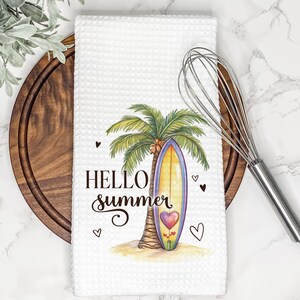 Summer Kitchen Towel | Hello Summer | Palm Tree | Surf Board | Summer Decor | Tea Towel | Hand/Dish Towel | Beach House | Airbnb Decor