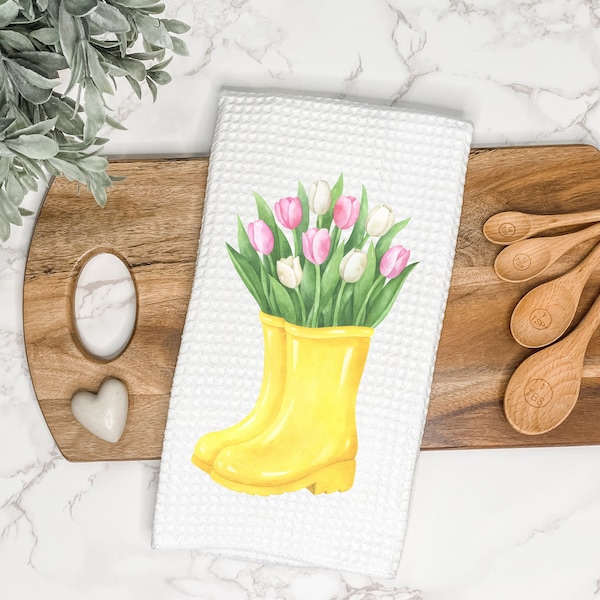 Spring Kitchen Towel | Easter Kitchen Towel | Spring Decor | Easter Decor | Floral Tulips | Rainboots | Hand Dish Towel | Tea Towel