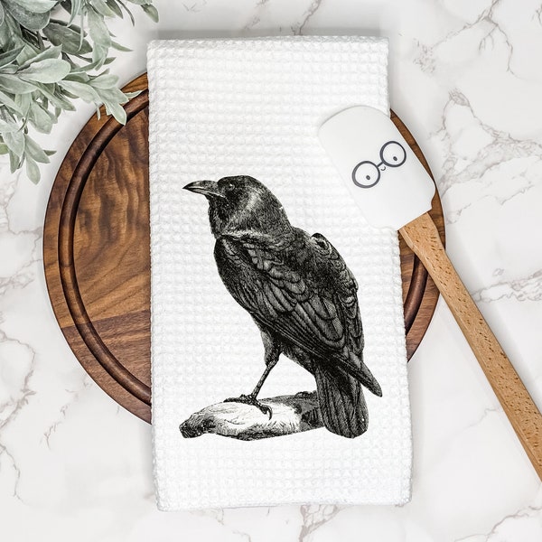 Black Raven/Crow Kitchen Tea Towel | Halloween Gift for Hostess or Housewarming | Fall Hand/Dish Towel | Spooky Farmhouse AirBnb Home Decor