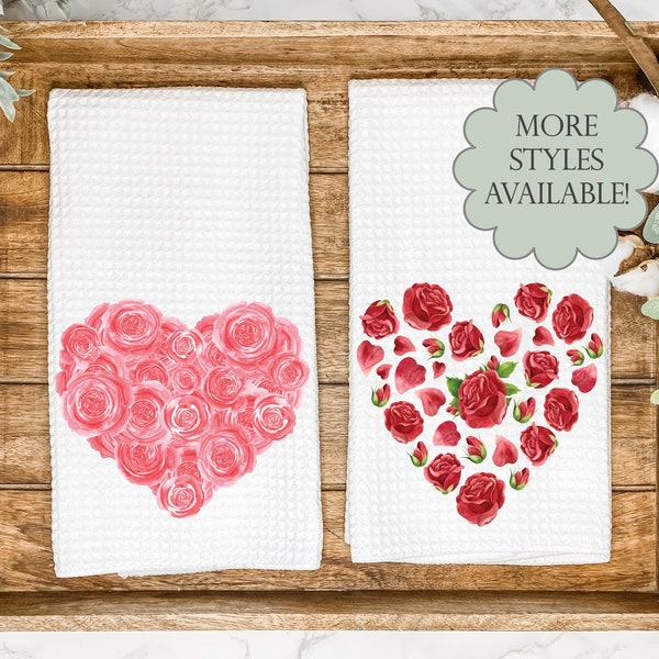 Cute Rose Hearts Kitchen Tea Towel | Valentine's Day Gift for Hostess or Housewarming | Farmhouse Floral Hand/Dish Towel | AirBnb Home Decor