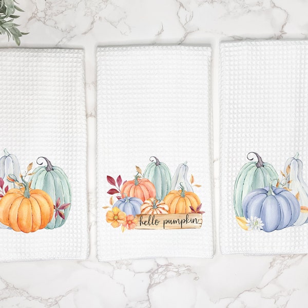 Cute Hello Pumpkin Kitchen Tea Towel | Gift for Hostess, Housewarming, Thanksgiving | Fall Farmhouse Decor | Bundle Autumn Hand/Dish Towels