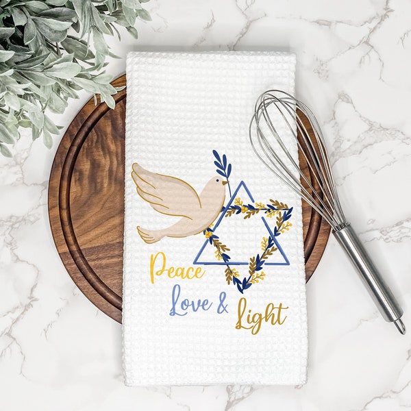 Hanukkah Kitchen Tea Towel | Peace Love & Light | Star of David | Hanukkah Decor | Gift for Hostess | Hand/Dish Towel | Holiday Home Decor