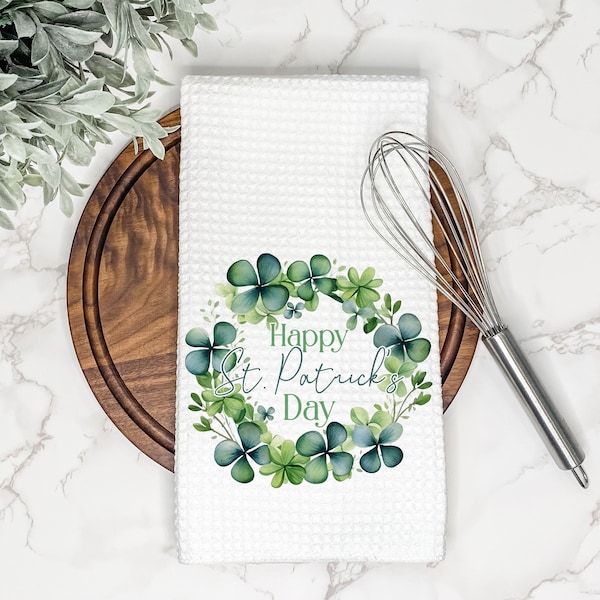 Cute Clover St. Patrick's Day Kitchen Towel | Shamrock Wreath | St. Patrick's Day Decor | Kitchen Decor | Hand Dish Towel | Tea Towel | Gift