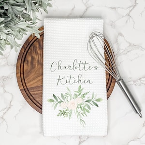 Personalized Kitchen Tea Towel | Greenery and Floral Decor | Customized Gift for Housewarming, Mother's Day, Christmas | Hand & Dish Towel