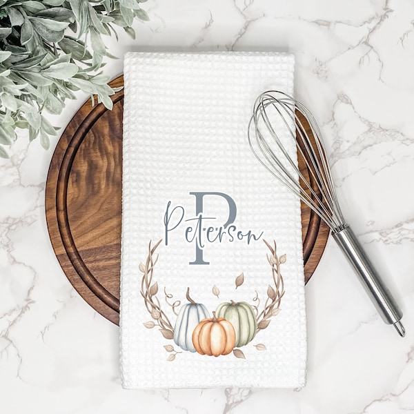 Personalized Pumpkin Kitchen Tea Towel | Customized Gift for Hostess, Housewarming, Thanksgiving | Autumn & Fall Farmhouse Decor | Monogram