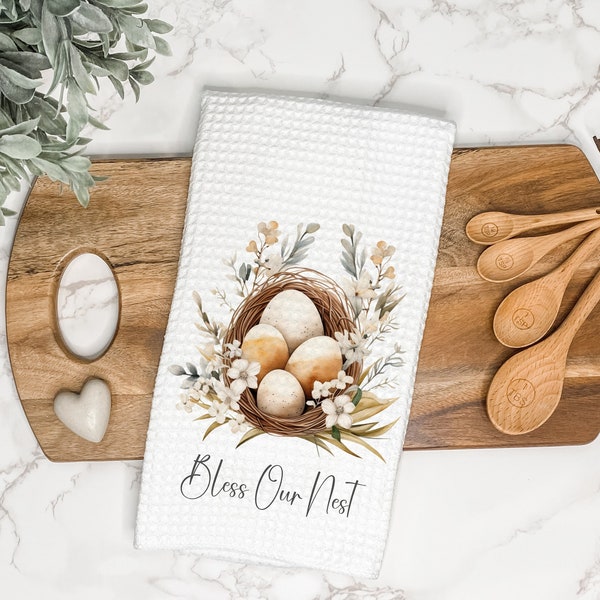 Bless Our Nest | Spring Kitchen Tea Towel | Easter Hand Towel | Spring Decor | Easter Egg Nest | Floral Dish Towel | Gift