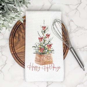 Happy Holidays Christmas Tree Kitchen Tea Towel | Gift for Hostess or Housewarming | Farmhouse Hand/Dish Towel | AirBnb Winter Home Decor