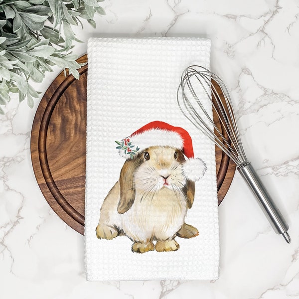 Cute Christmas Bunny with Santa Hat Kitchen Tea Towel | Gift for Hostess or Housewarming | Farmhouse Hand/Dish Towel | AirBnb Winter Decor