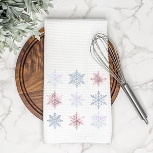 Cute Snowflakes Winter Kitchen Tea Towel | Fun Gift for Hostess or Housewarming | Farmhouse Hand/Dish Towel | AirBnb Christmas Home Decor