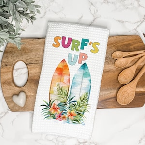 Surf&#39;s Up | Summer Kitchen Towel | Summer Decor | Surf Boards | Palm Trees | Sunset | Tea Towel | Hand Towel | Dish Towel