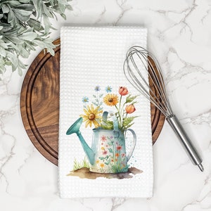 Spring Kitchen Towel | Floral Watering Can | Wildflower Decor | Kitchen Decor | Tea Towel | Hand Towel | Dish Towel | Gift