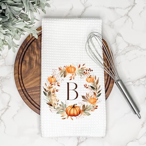 Personalized Fall Kitchen Tea Towel | Monogram Wreath | Fall Pumpkin Decor | Autumn Hand Towel | Customized Gift for Hostess, Thanksgiving