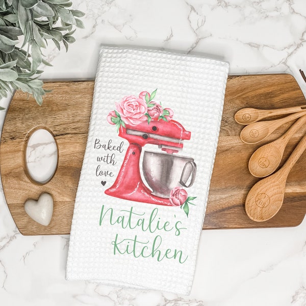 Personalized Kitchen Tea Towel | Pink Floral Kitchen Mixer Decor | Gift for Housewarming, Mothers Day, Christmas | Customize Hand Dish Towel