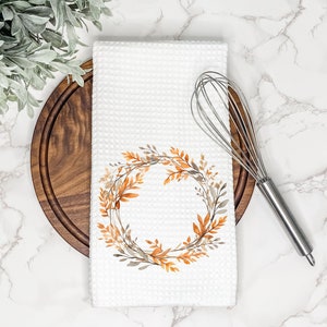 Beautiful Fall Wreath Kitchen Tea Towel | Autumn Leaves | Fall Decor | Autumn Hand Towel | Customized Gift for Hostess, Thanksgiving