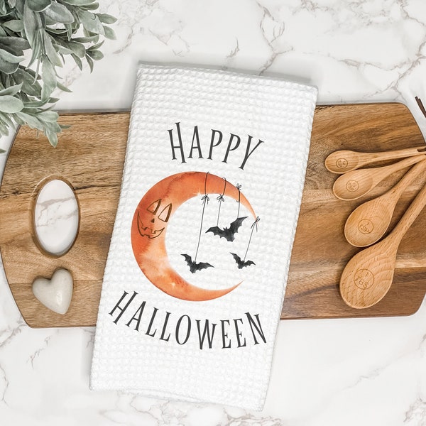 Happy Halloween Orange Moon w/ Bats Kitchen Tea Towel | Gift for Hostess/Housewarming Party | Farmhouse Hand/Dish Towel | AirBnb Home Decor