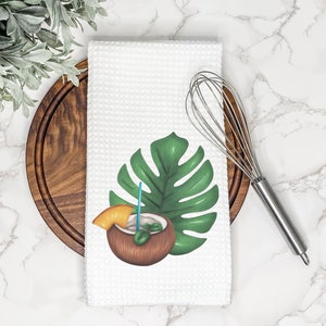 Summer Kitchen Towel | Coconut Drink | Palm Leaf | Tropical Decor | Summer Decor | Tea Towel | Hand Towel | Dish Towel | Hostess Gift