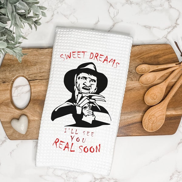 Halloween Kitchen Tea Towel | Scary Halloween Decor | Nightmare on Elm Street Horror Movie | Hand Towel | Gift for Hostess | Fall Dish Towel