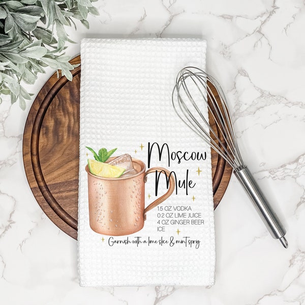 Moscow Mule Cocktail Recipe | Kitchen Tea Towel | Gift for Housewarming or Hostess | Wet Bar Decor | Mixed Drink Sign | Alcoholic Beverage
