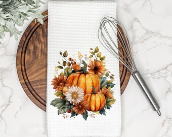 Fall Kitchen Tea Towel | Autumn Hand Towel | Fall Pumpkin Decor | Fall Floral Bouquet | Gift for Hostess, Thanksgiving | Autumn Dish Towel