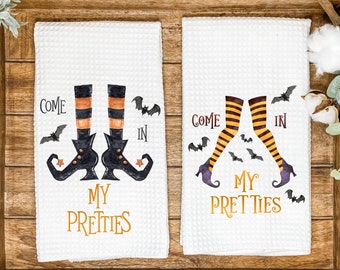 Witch Shoes & Bats Kitchen Tea Towel | Gift for Hostess or Housewarming | Come In My Pretties Halloween Hand Towel | Cute AirBnb Home Decor