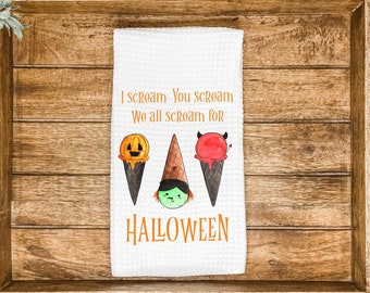 Pumpkin, Witch & Devil Ice Cream Halloween Tea Towel | Gift for Hostess or Housewarming Party | Funny Kitchen Hand Towel | AirBnb Home Decor