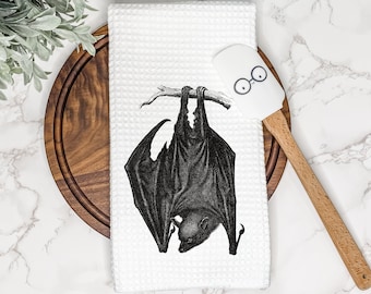 Hanging Black Bat Kitchen Tea Towel | Gift for Hostess or Housewarming | Spooky Halloween Hand/Dish Towel | Fall AirBnb Farmhouse Home Decor