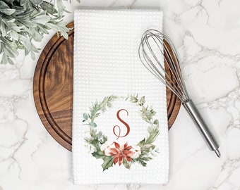Monogram Christmas Wreath | Personalized Kitchen Tea Towel | Customized Gift for Hostess, Housewarming | Farmhouse Winter Decor | Hand Towel