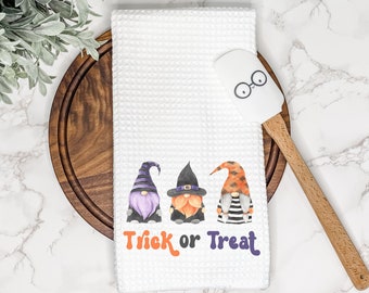 Gnomes Trick or Treat Kitchen Tea Towel | Gift for Hostess or Housewarming Party | Halloween Hand and Dish Towel | AirBnb Spooky Home Decor