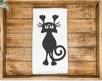 Funny Hanging Cat Kitchen Tea Towel | Gift for Hostess or Housewarming | Halloween Black Cat Hand and Dish Towel | Spooky AirBnb Home Decor