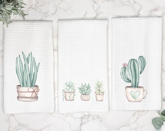 Cactus and Succulent Kitchen Tea Towel | Farmhouse Plant Decor | Gift for Housewarming, Hostess, Wedding | Bundle Summer Hand & Dish Towels