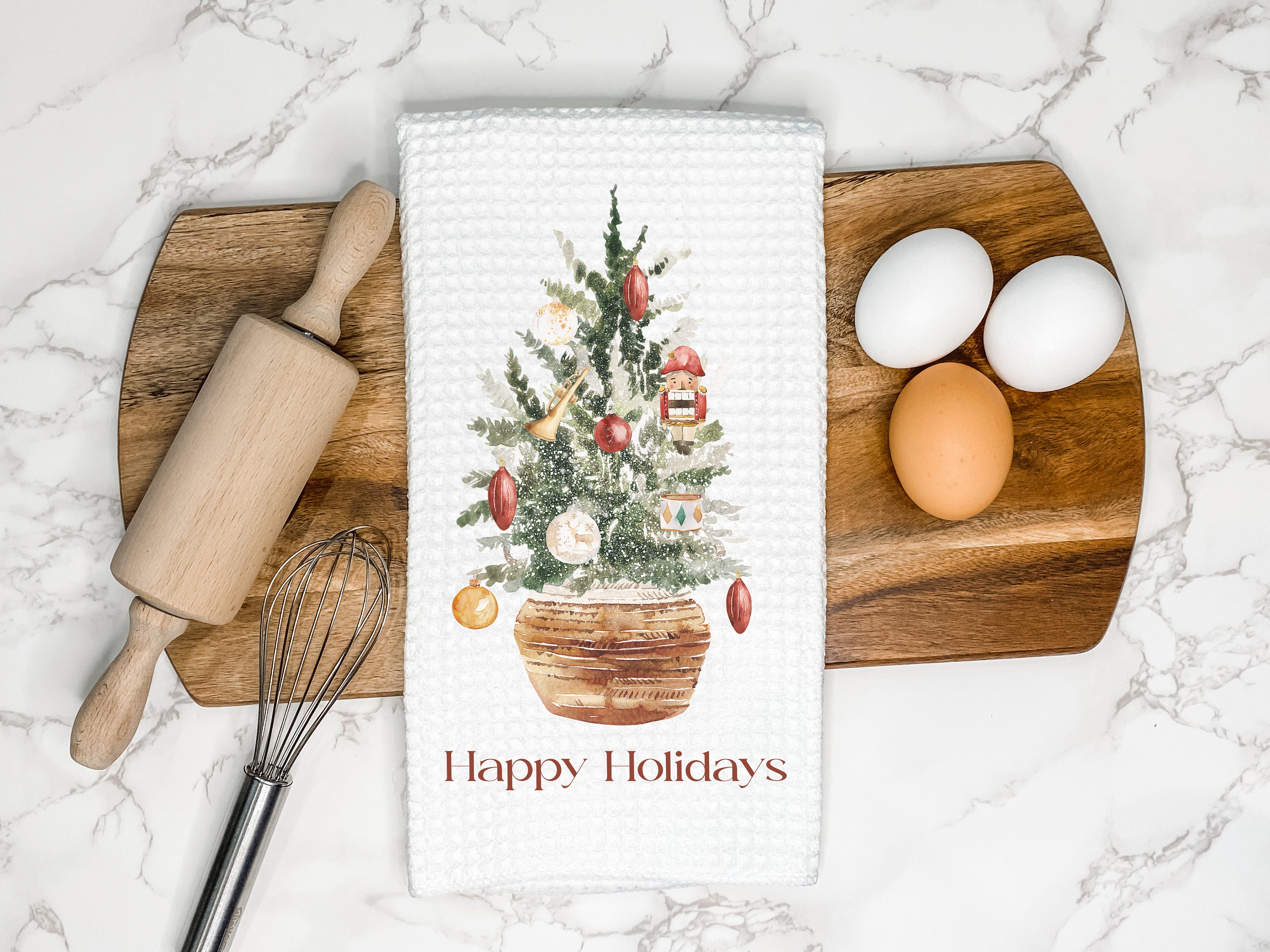 Custom Christmas celebration text，Cute Nutcracker Christmas Tree Kitchen Tea Towel | Gift for Hostess or Housewarming | Farmhouse Hand/Dish Towel | AirBnb Winter Home Decor