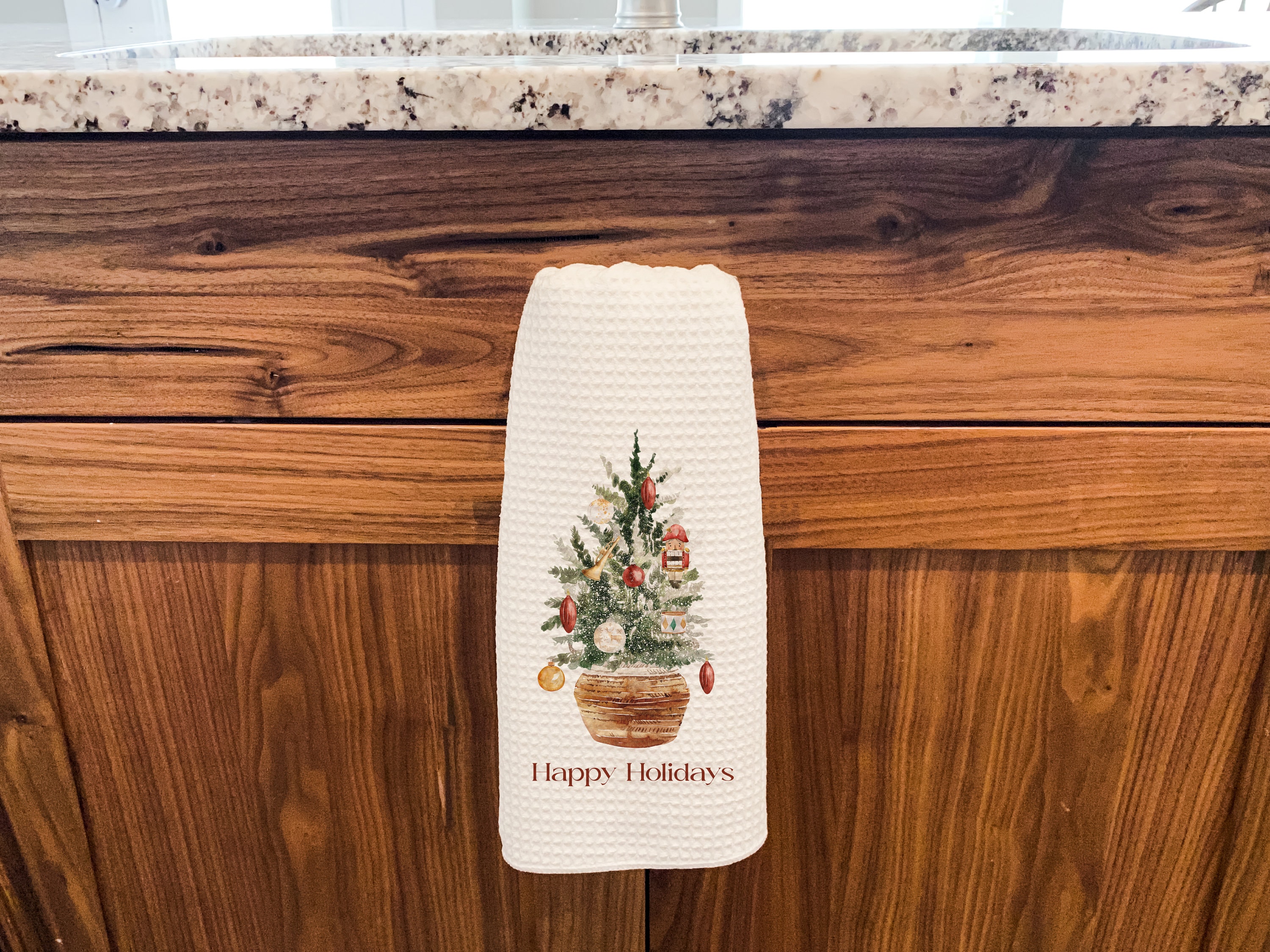 Custom Christmas celebration text，Cute Nutcracker Christmas Tree Kitchen Tea Towel | Gift for Hostess or Housewarming | Farmhouse Hand/Dish Towel | AirBnb Winter Home Decor