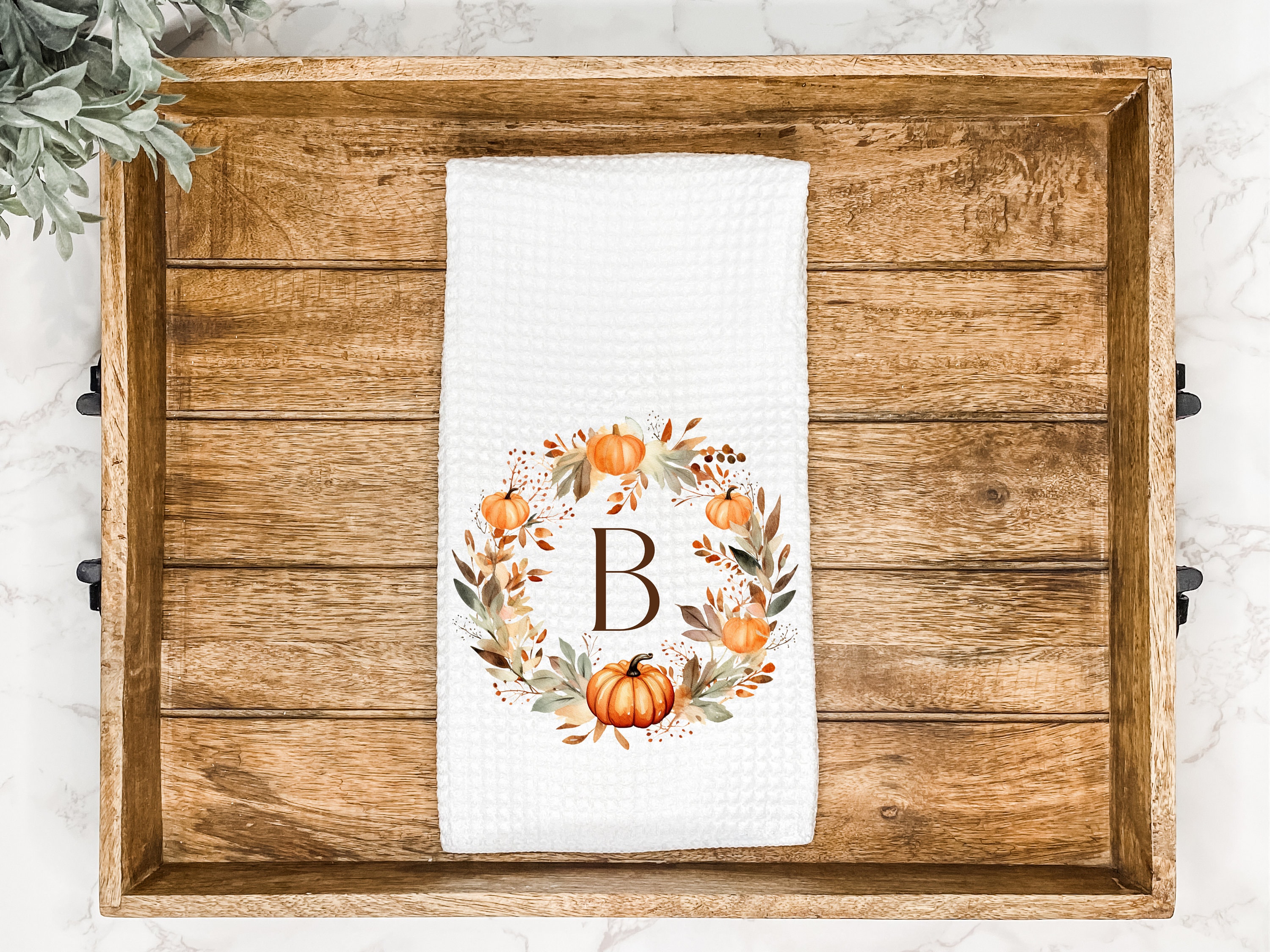 Personalized Fall Kitchen Tea Towel | Monogram Wreath | Fall Pumpkin Decor | Autumn Hand Towel | Customized Gift for Hostess, Thanksgiving