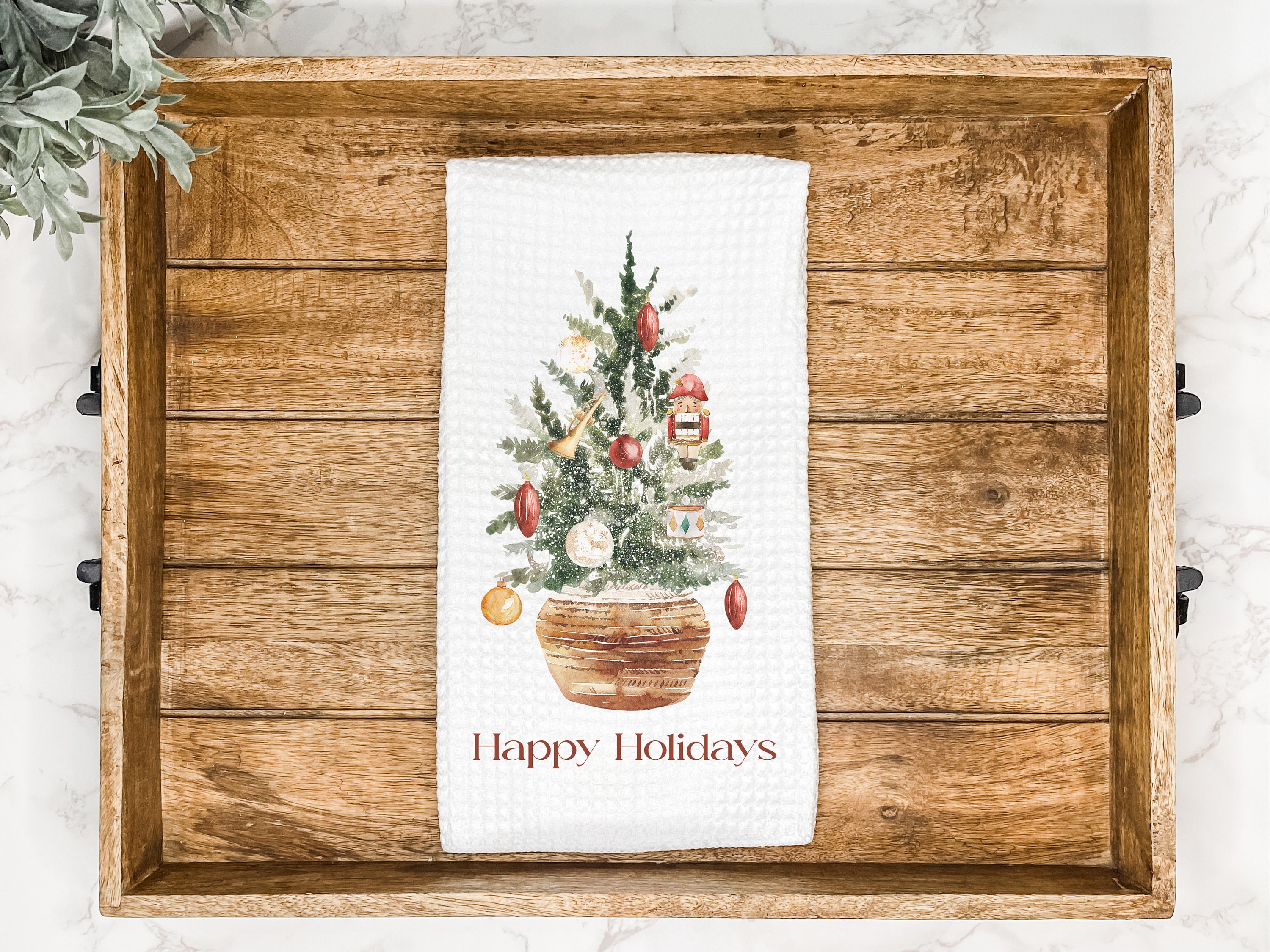 Custom Christmas celebration text，Cute Nutcracker Christmas Tree Kitchen Tea Towel | Gift for Hostess or Housewarming | Farmhouse Hand/Dish Towel | AirBnb Winter Home Decor