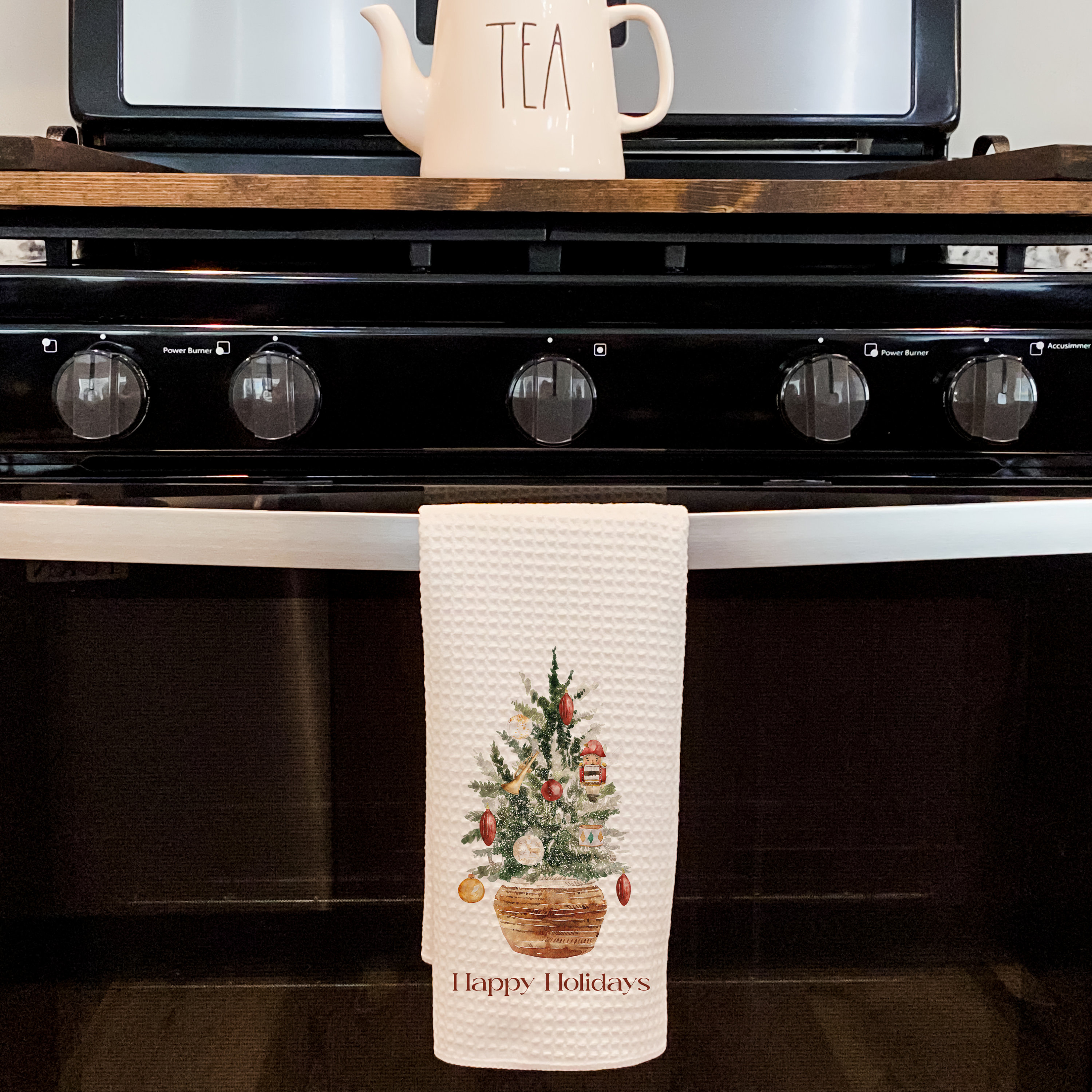 Custom Christmas celebration text，Cute Nutcracker Christmas Tree Kitchen Tea Towel | Gift for Hostess or Housewarming | Farmhouse Hand/Dish Towel | AirBnb Winter Home Decor
