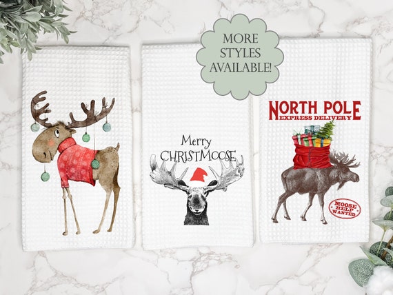 Cute Christmas Moose Kitchen Tea Towels Gift for Hostess or Housewarming  Farmhouse Bundle Hand/dish Towel Fun Airbnb Winter Decor 