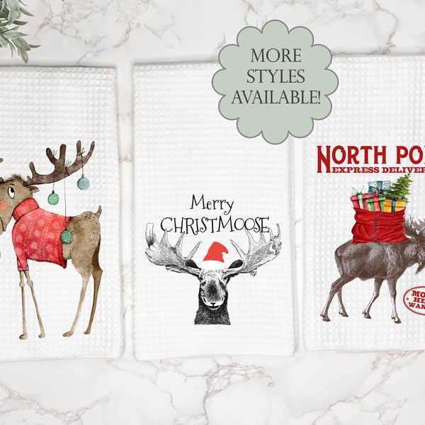 Cute Christmas Moose Kitchen Tea Towels | Gift for Hostess or Housewarming | Farmhouse Bundle Hand/Dish Towel | Fun AirBnb Winter Decor