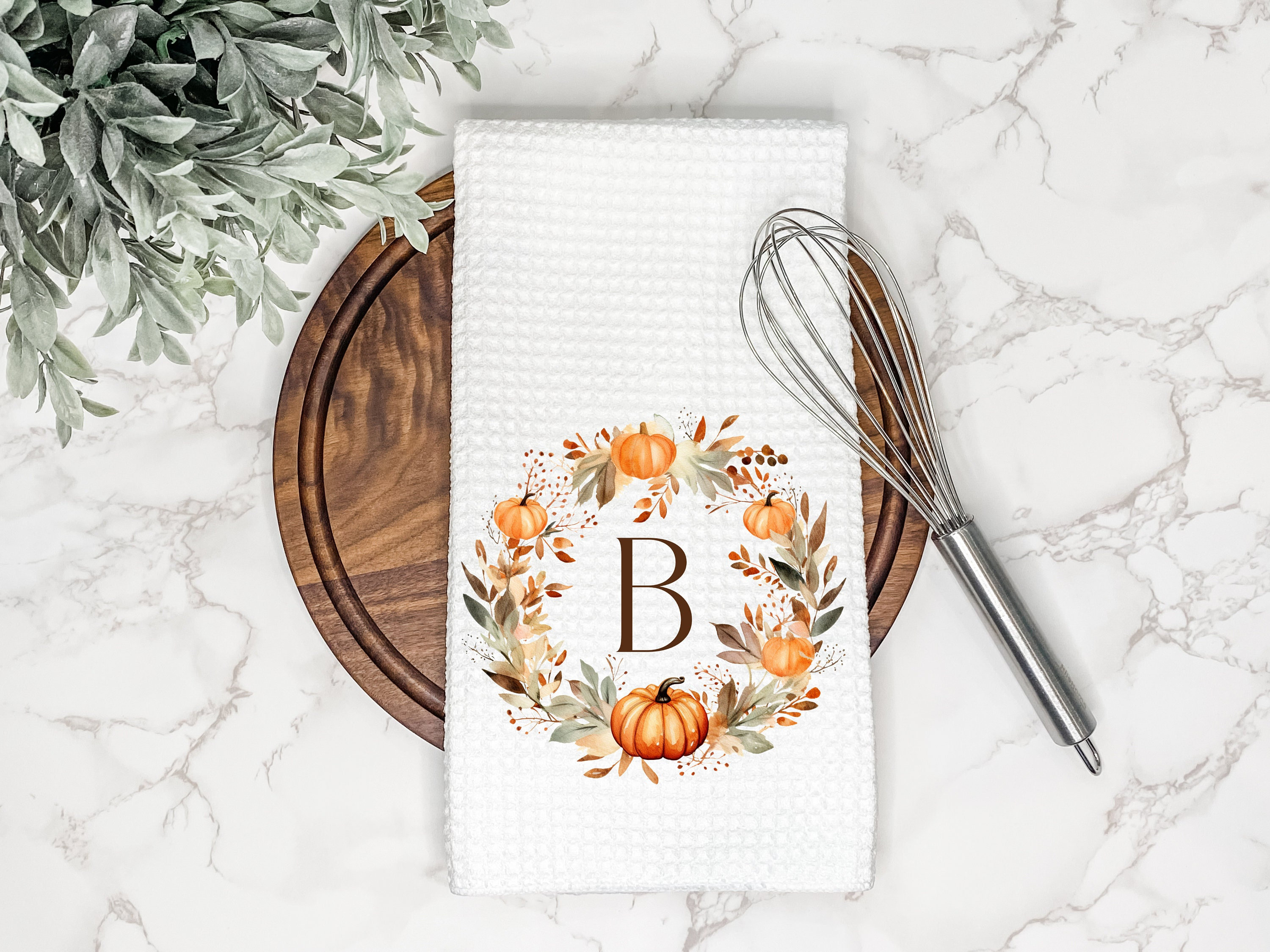 Personalized Fall Kitchen Tea Towel | Monogram Wreath | Fall Pumpkin Decor | Autumn Hand Towel | Customized Gift for Hostess, Thanksgiving