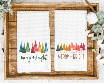 Merry & Bright Christmas Tree Kitchen Tea Towel | Fun Gift for Hostess/Housewarming | Farmhouse Hand/Dish Towel | AirBnb Winter Home Decor